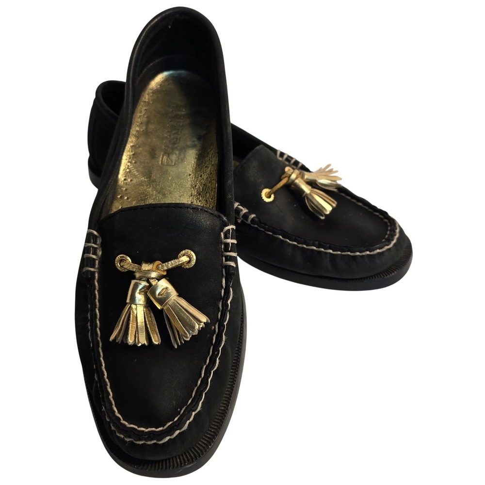 Sperry Top-Sider Womens Black Leather Tassel Loafers Gold Accents size 8 Med